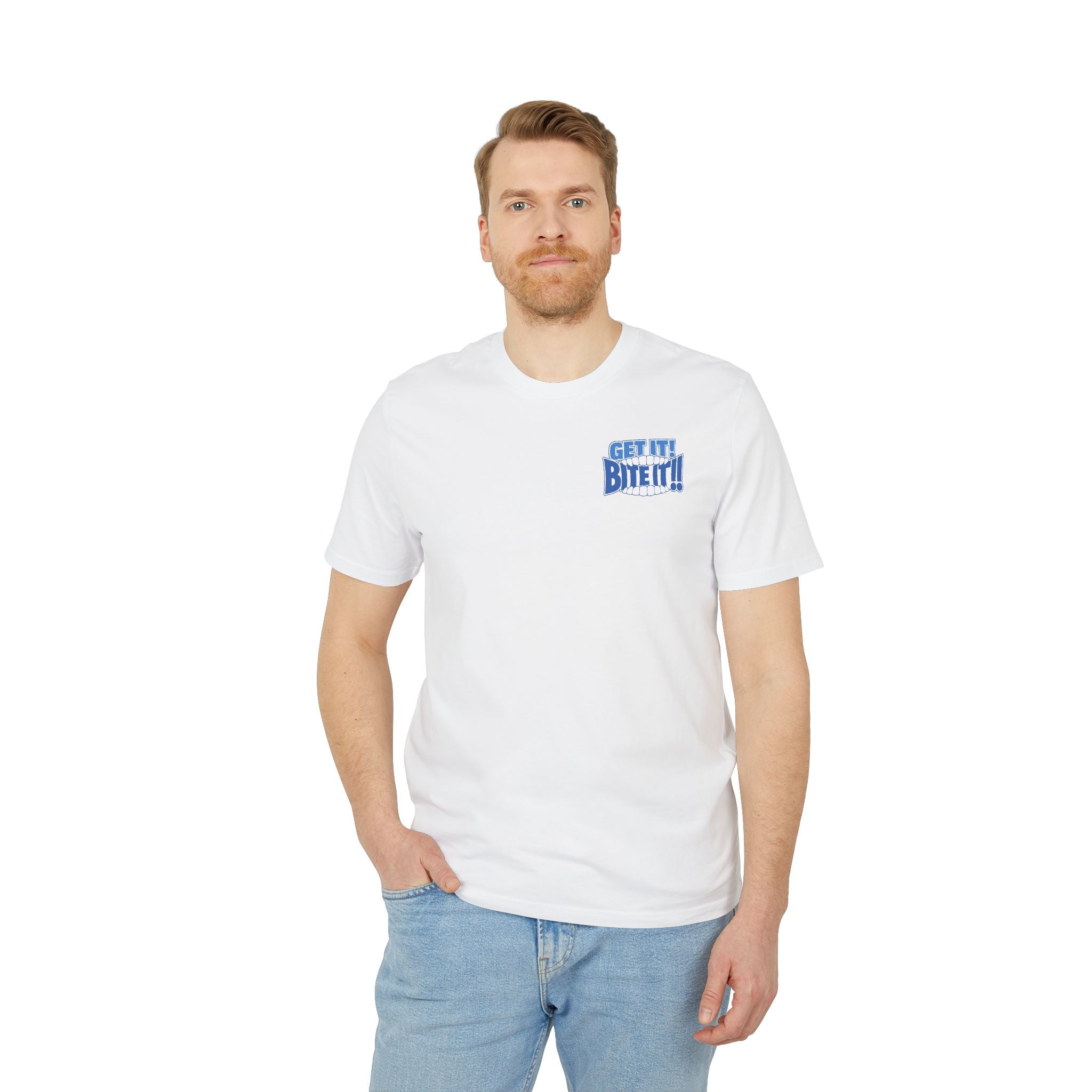 💪 GET IT! BITE IT!! 🫦 | Official GO Forth! T-Shirt | Small Chest Logo | White